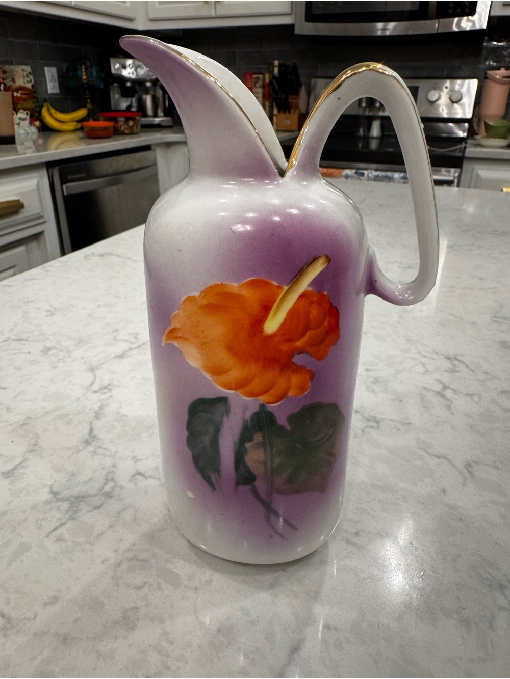 Vintage 1950s Ucagco Japan Purple Floral Ceramic Ewer Pitcher MCM